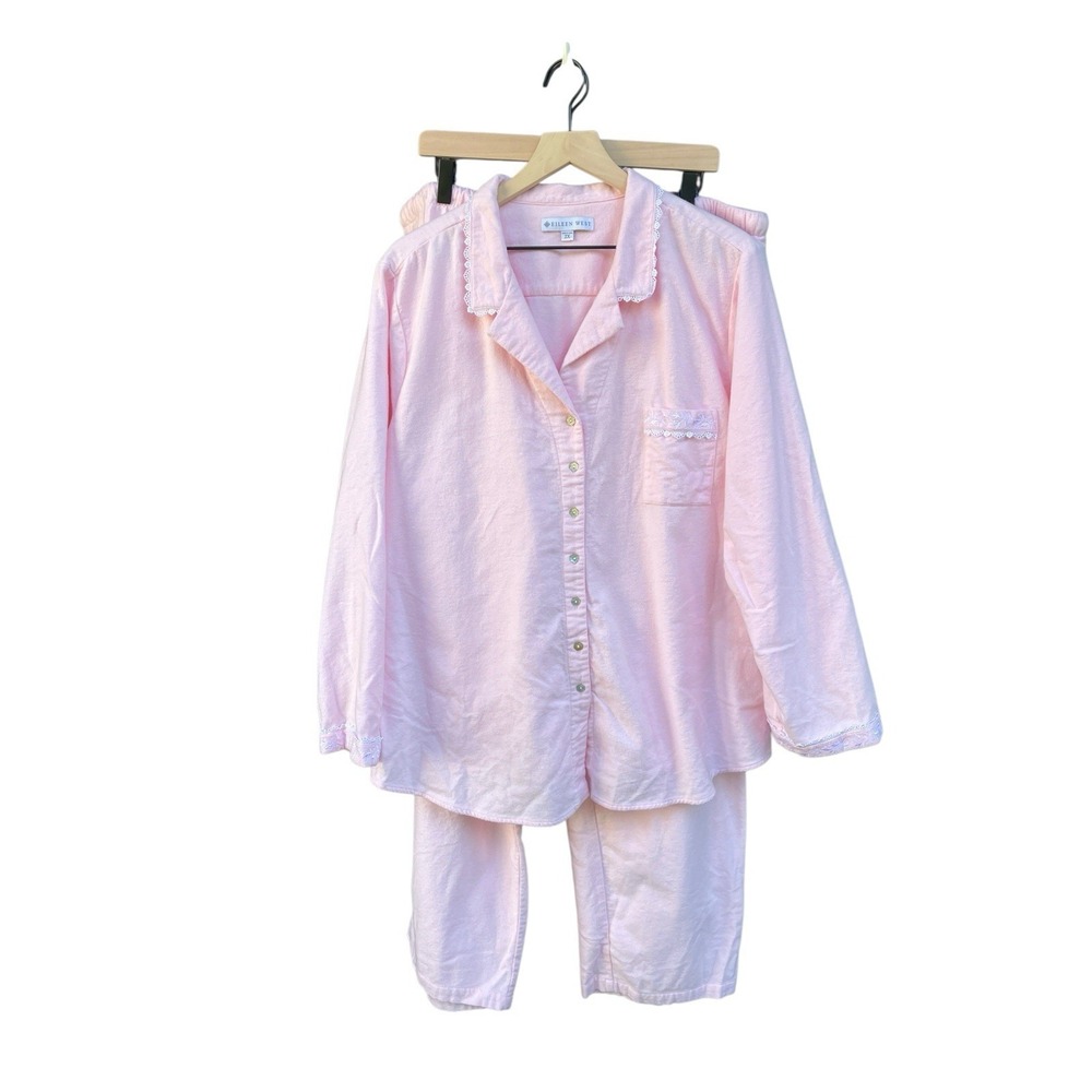 Eileen West Pink Flannel Pajama Set Womens 2X Lace Trim Flower Buttons 75693X